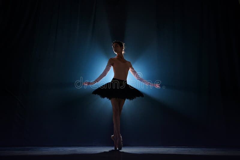 Silhouette of tender, elegant, talented woman, ballet dancer performing on stage against dark blue background with