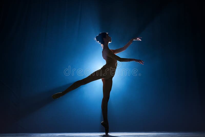 Silhouette of tender, elegant, talented woman, ballet dancer performing on stage against dark blue background with