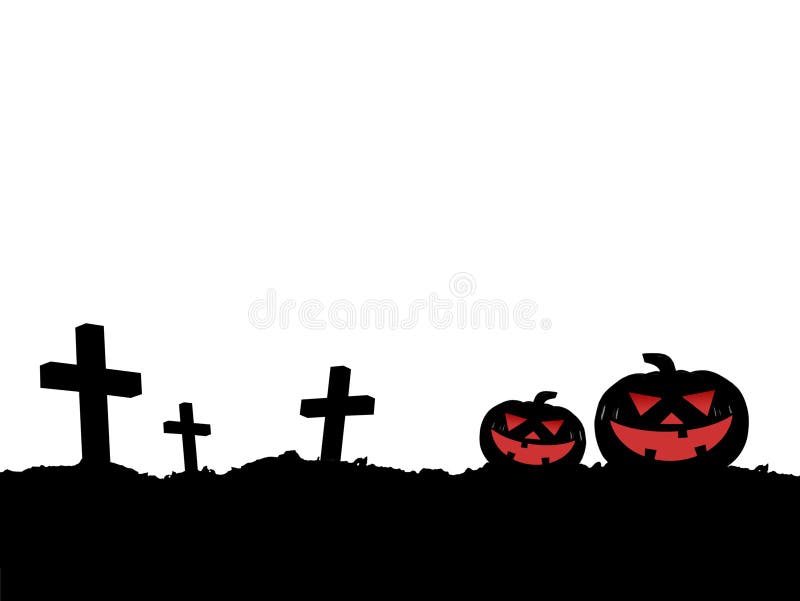 silhouette three grave cross and two jack o lantern pumpkin smiling on cemetery hill isolated on white background