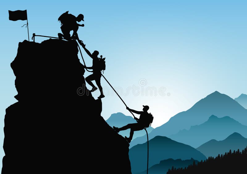 Silhouette of three men climbing mountain by helping each other on blue mountains background, successful teamwork concept vector