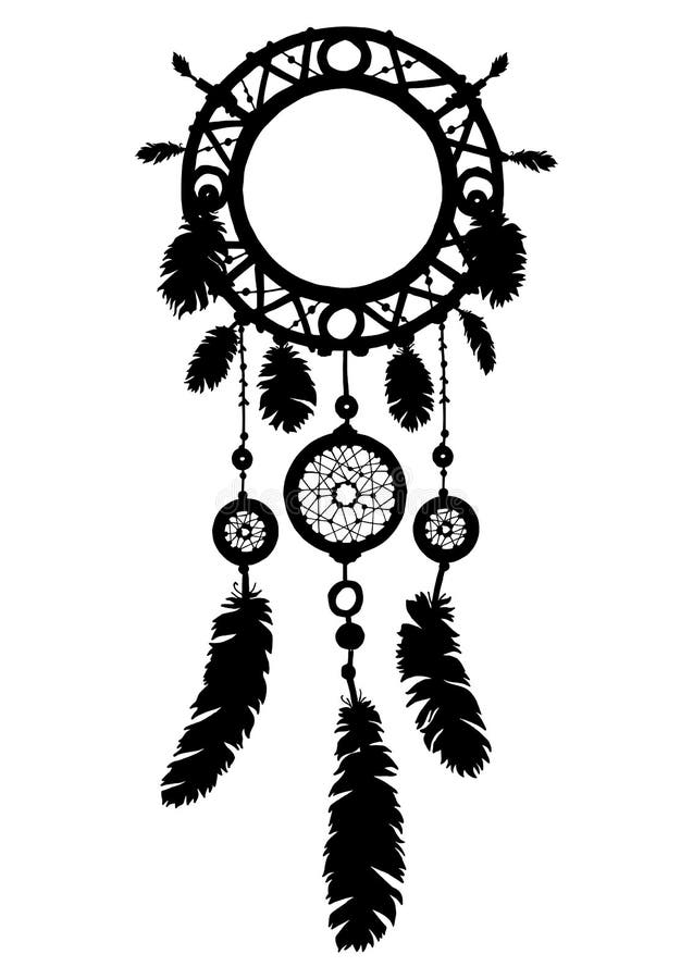Silhouette tirée par la main de dreamcatcher avec des perles et des plumes illustration libre de droits Silhouette tirée par la main de dreamcatcher avec des perles et des plumes illustration libre de droits