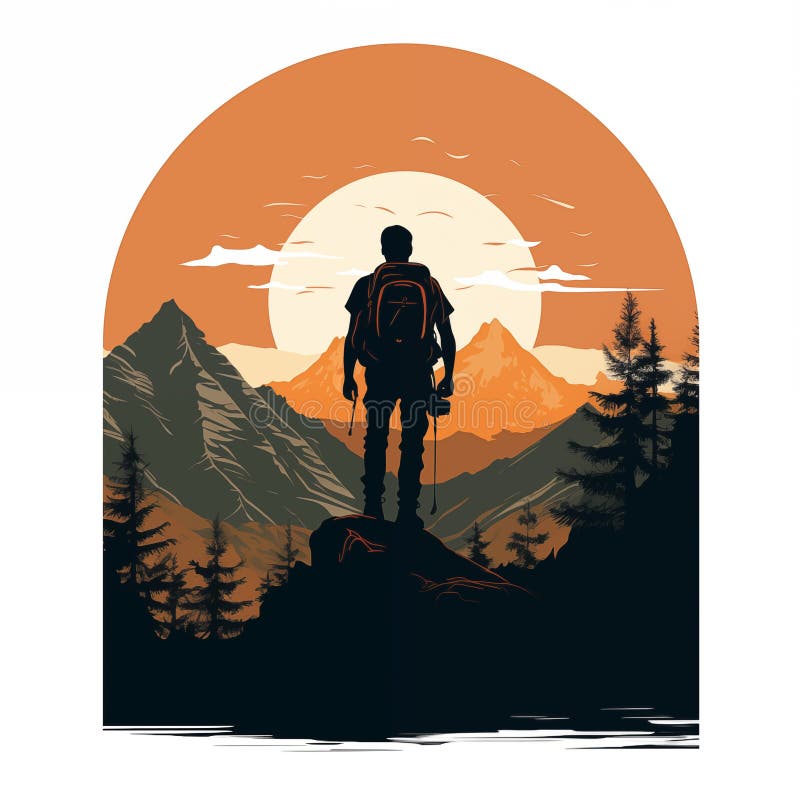 Silhouette of a tourist on the mountain, exploring and observing nature stock photography
