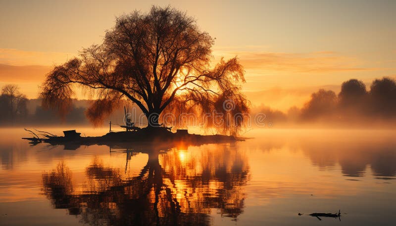 Silhouette of Tree Reflects Tranquil Sunset on Water Surface Generated