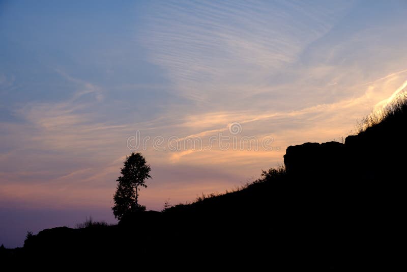 Silhouette of a tree on the slope of a rock against the sunset sky, a landscape in the summer royalty free stock images Silhouette of a tree on the slope of a rock against the sunset sky, a landscape in the summer royalty free stock images