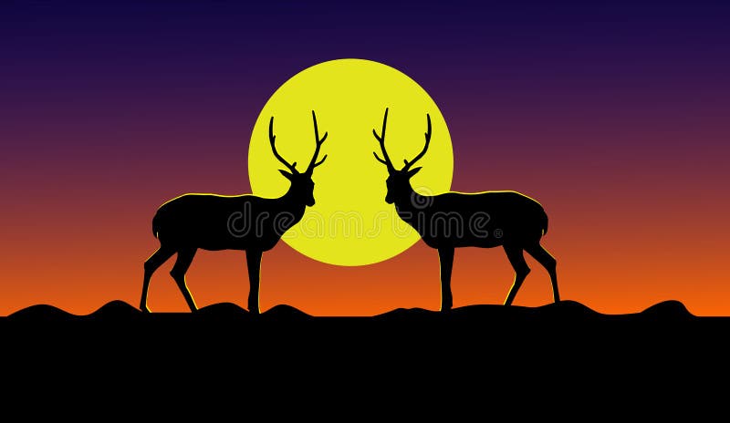 Silhouette of two deer standing on a mountain with a yellow moon in the background. stock illustration Silhouette of two deer standing on a mountain with a yellow moon in the background. stock illustration