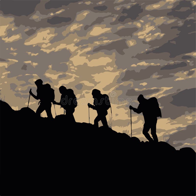 The silhouette vector illustration of hikers and trekkers hiking at sunrise twilight