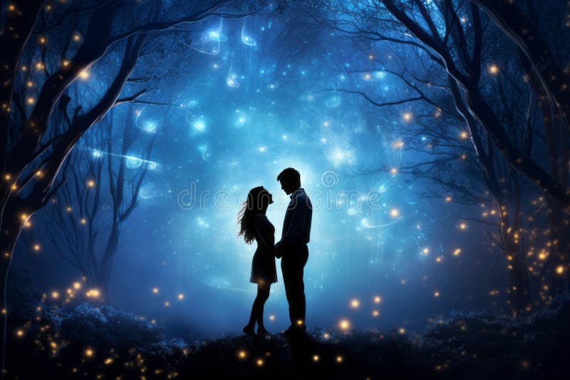 Two lovers standing beneath a radial gradient blue color abstract fantasy sky with silhouette trees surrounding twinkling light orbs, enveloped by a tranquil landscape. Fairy tale romance view of two looking at each other in enchanted trees and dancing lights in a mystical fantasy forest. Can be accepted concepts for National Couple's Day, fantasy forest romance, celebrating anniversaries, engagements, Valentine's Day, International Women's Day, magical couple silhouettes, love amidst enchantment, fairy tale love stories, magic and love, glowing trees of love, wallpaper, background, and dreamy forest ambience. Two lovers standing beneath a radial gradient blue color abstract fantasy sky with silhouette trees surrounding twinkling light orbs, enveloped by a tranquil landscape. Fairy tale romance view of two looking at each other in enchanted trees and dancing lights in a mystical fantasy forest. Can be accepted concepts for National Couple's Day, fantasy forest romance, celebrating anniversaries, engagements, Valentine's Day, International Women's Day, magical couple silhouettes, love amidst enchantment, fairy tale love stories, magic and love, glowing trees of love, wallpaper, background, and dreamy forest ambience.