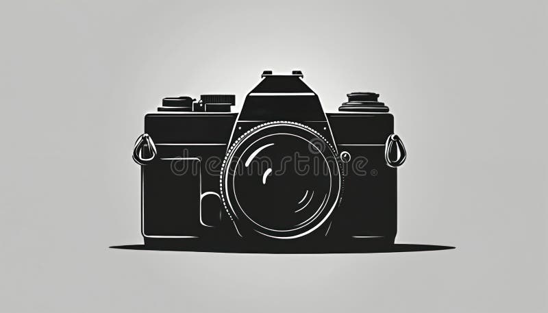 Silhouette of vintage film camera, classic design. Black and white photo of old retro SLR camera. Photography concept, stylish royalty free illustration