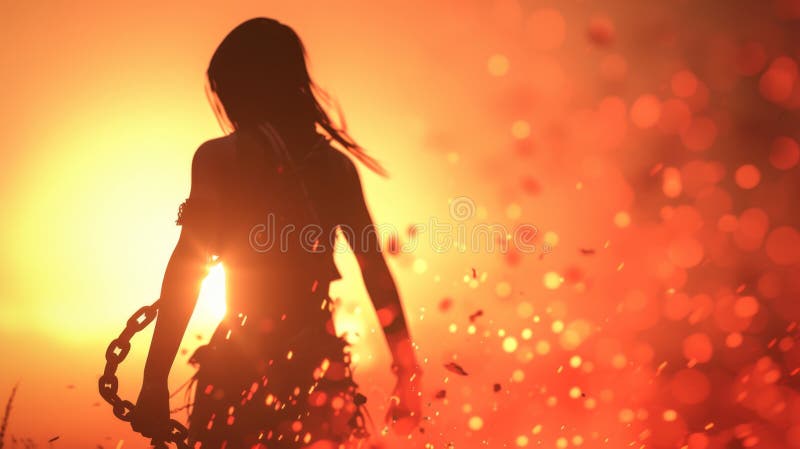 Silhouette of a woman with chains against a sunset stock photo