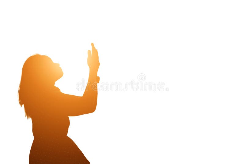 Silhouette of woman praying over beautiful sky background