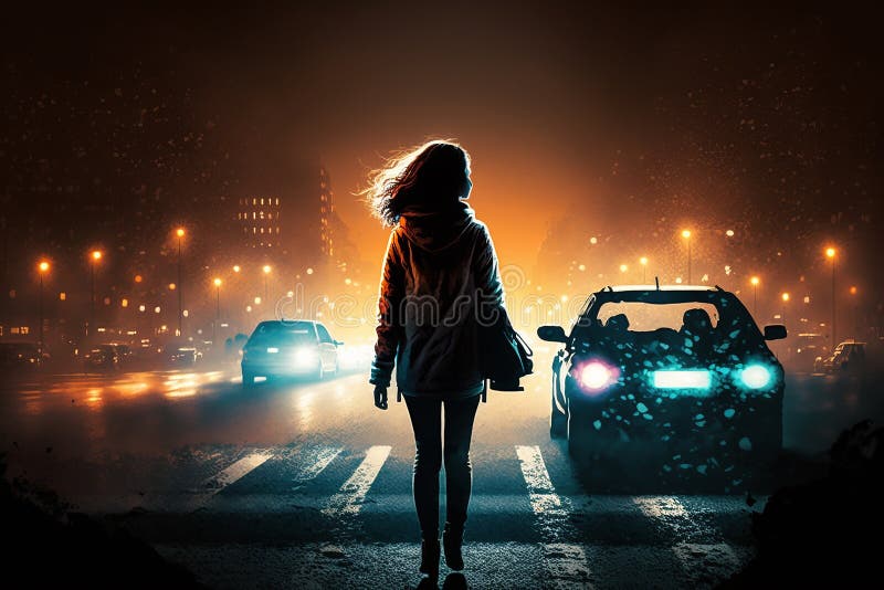 Silhouette of a woman on the side of the street on t background of cars at rainy night. Generative AI