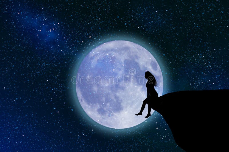 Silhouette of a Woman Sitting on a Cliff Stock Illustration