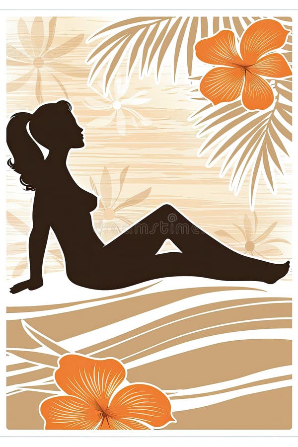 Silhouette of a woman in a tropical illustration. stock images