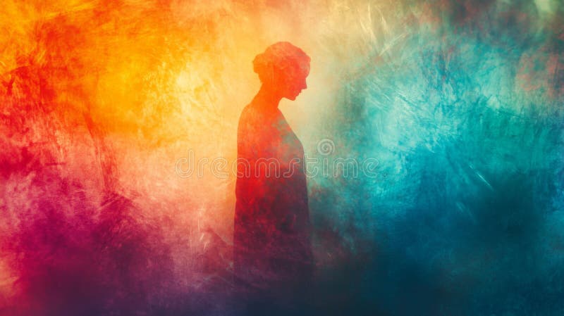 Silhouette of a Woman in Vibrant Colorful Abstract Background stock illustration
