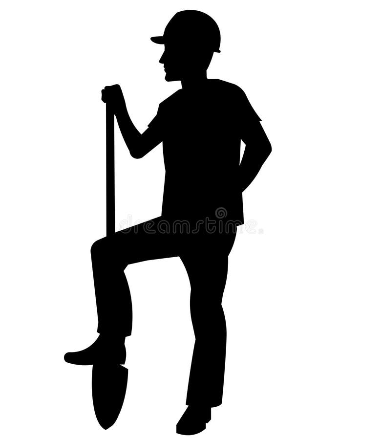 Silhouette of a Worker Standing with His Foot on a Shovel Stock Vector ...