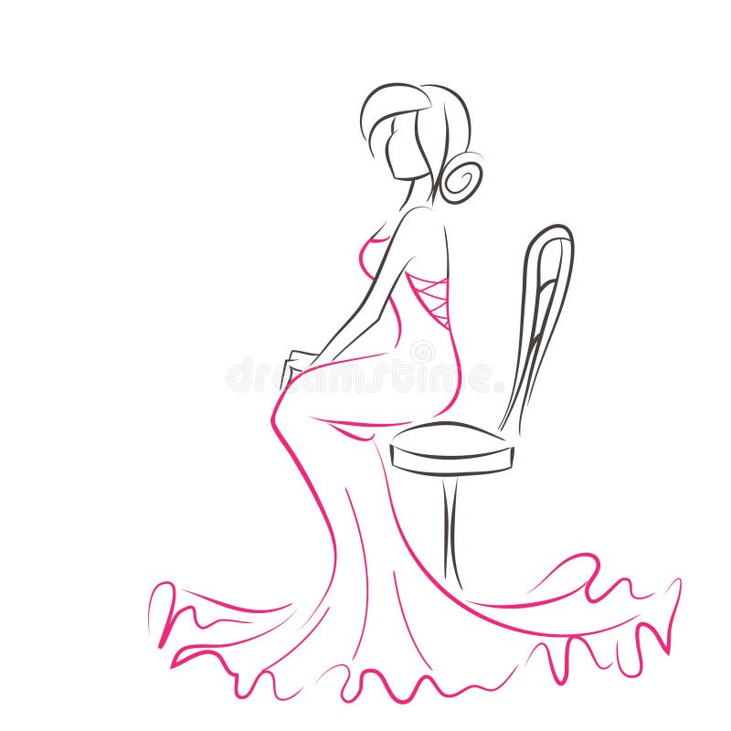 Silhouette of young elegant woman sitting on chair. Girl is dressed in a beautiful evening red dress. Vector scribble drawing by lines.