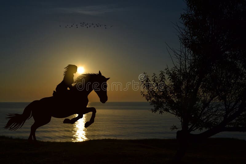 Silhouette of a young girl on horseback rears on the background of a beach at sunset
