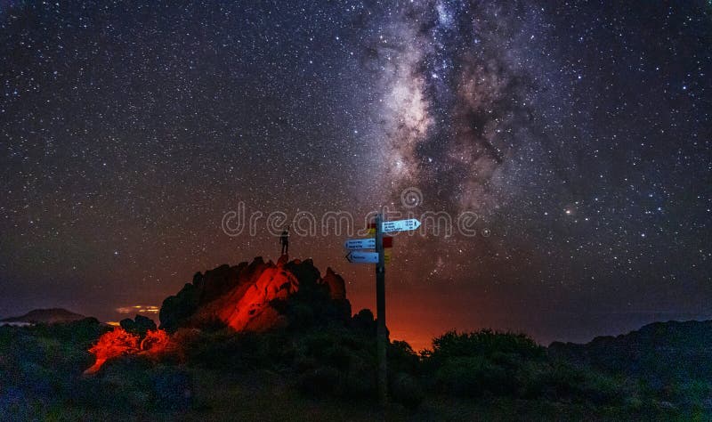 Silhouette of a young man under the stars looking at the lactea way