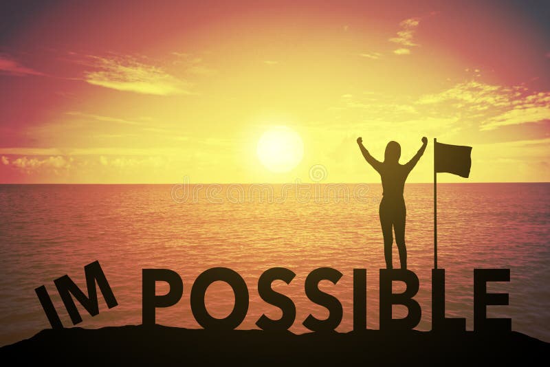 Silhouette of young woman and flag at sunset or sunrise with text change of IMPOSSIBLE to POSSIBLE royalty free stock photo Silhouette of young woman and flag at sunset or sunrise with text change of IMPOSSIBLE to POSSIBLE royalty free stock photo