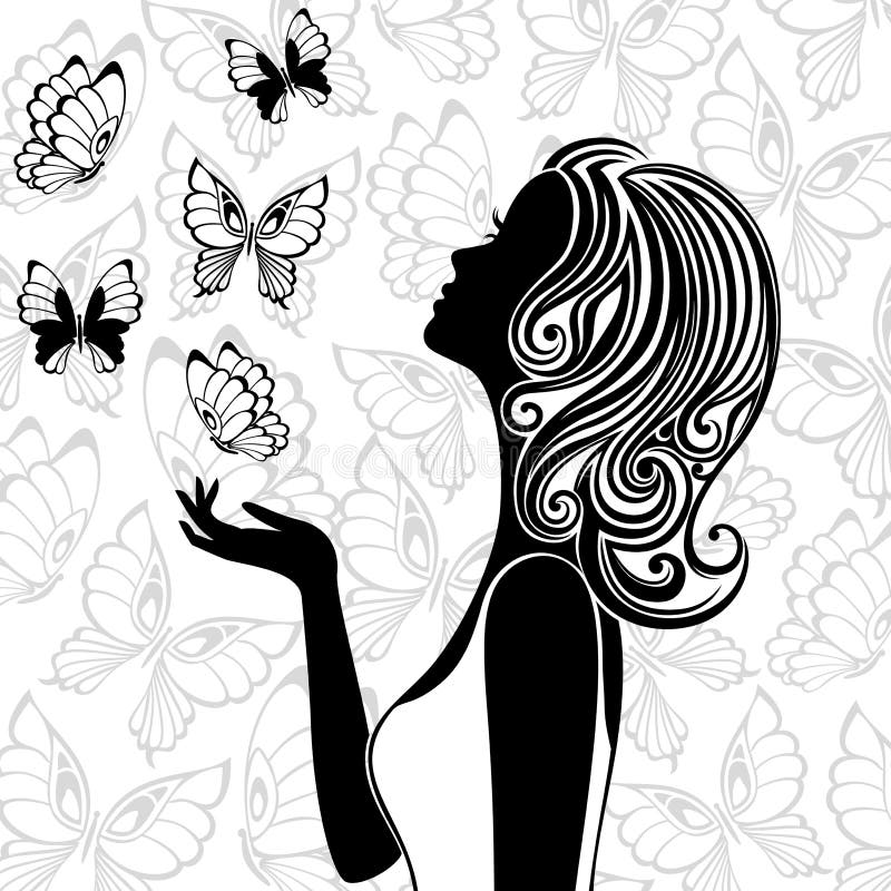 Silhouette of Young Woman with Flying Butterflies Stock Vector