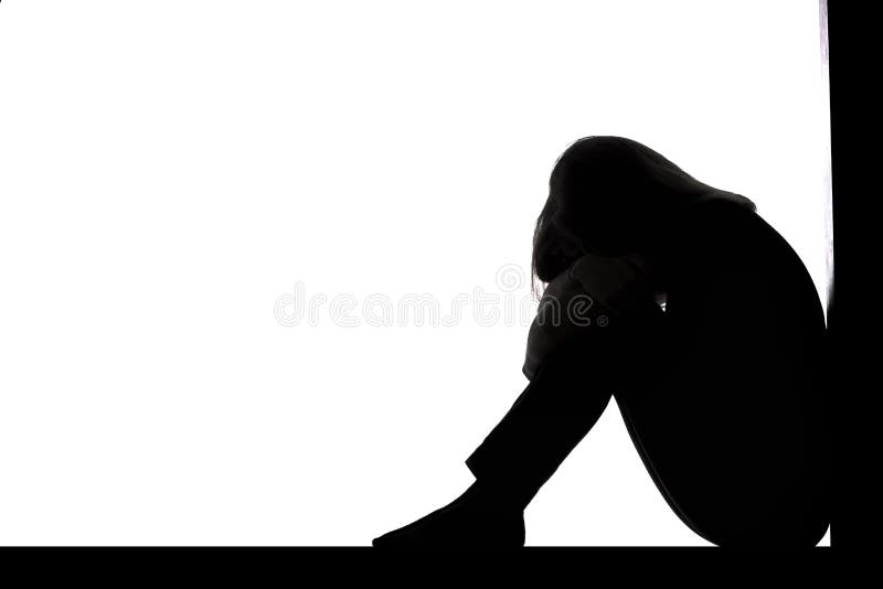 Silhouette of a Young Woman Sitting on the Floor in a Corner on a White  Isolated Background, a Sad Girl Crying Putting Head on Stock Photo - Image  of background, floor: 131397880