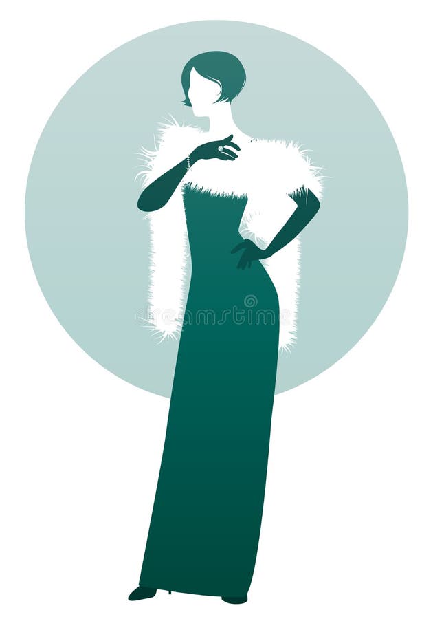 Silhouette élégante de dame, longue robe égalisante de port, étole et gants, d'isolement sur le fond blanc et vert Rétro type illustration de vecteur Silhouette élégante de dame, longue robe égalisante de port, étole et gants, d'isolement sur le fond blanc et vert Rétro type illustration de vecteur