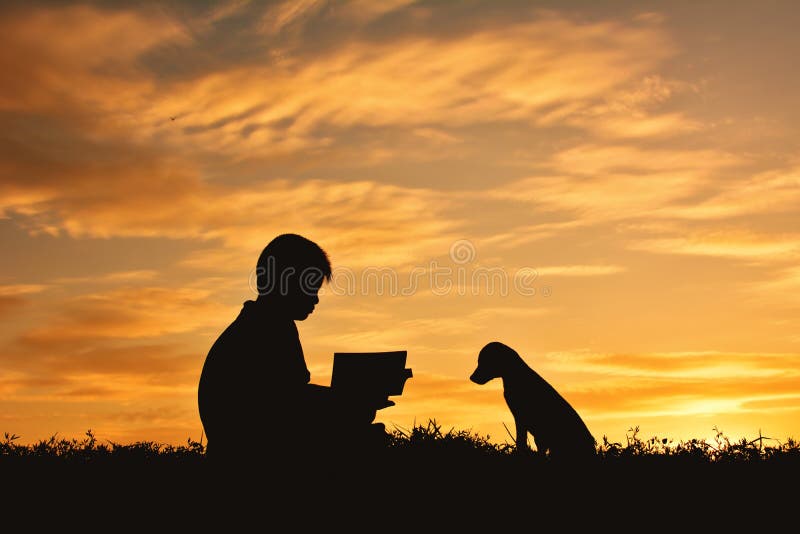 Silhouette мальчик читая книгу с маленькой собакой стоковая фотография rf Silhouette мальчик читая книгу с маленькой собакой стоковая фотография rf