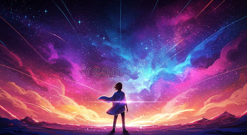 Silhouetted against a vibrant, swirling galaxy, a person stands facing a dramatic vector illustration
