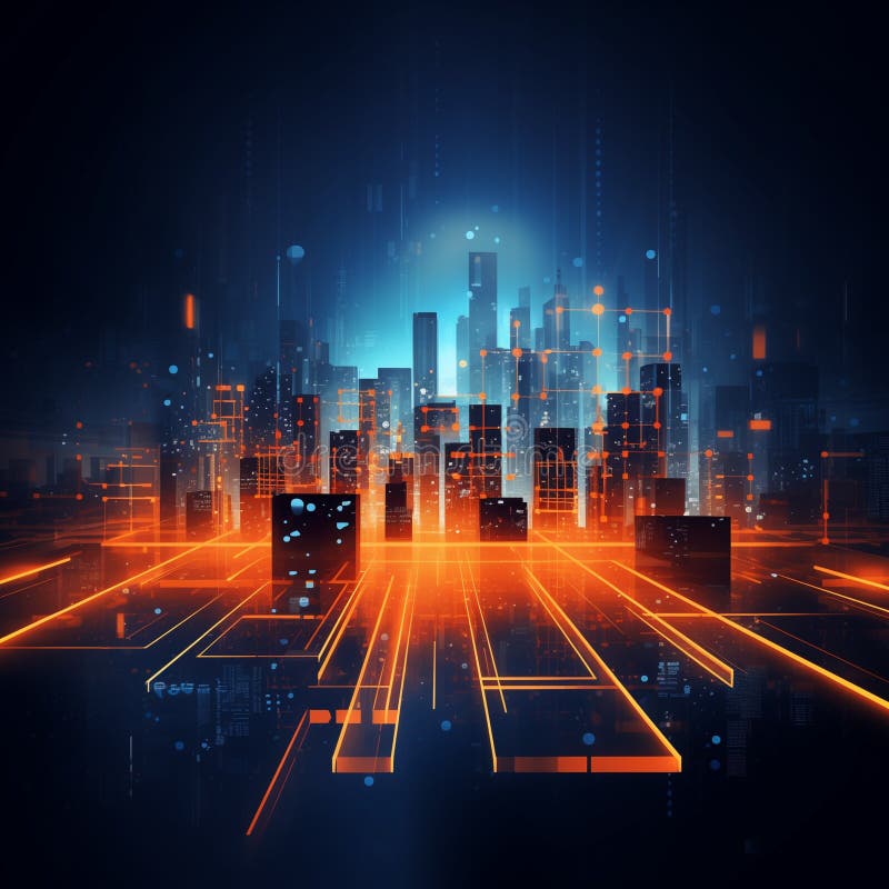 A silhouetted city skyline with illuminated pathways connecting various structures vector illustration