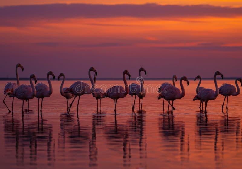 Silhouetted flamingos in serene sunset reflection at calm seashore royalty free stock photo