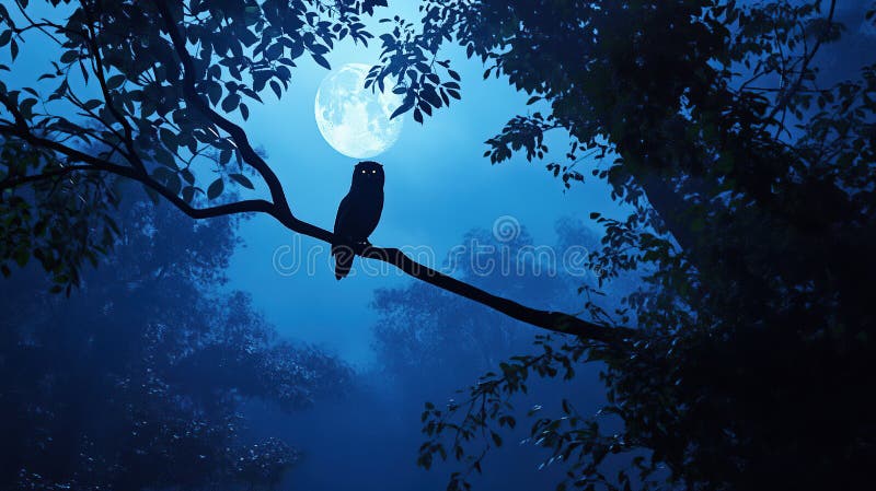 Silhouetted owl perched on a branch at night under a full moon in a misty forest royalty free stock photos