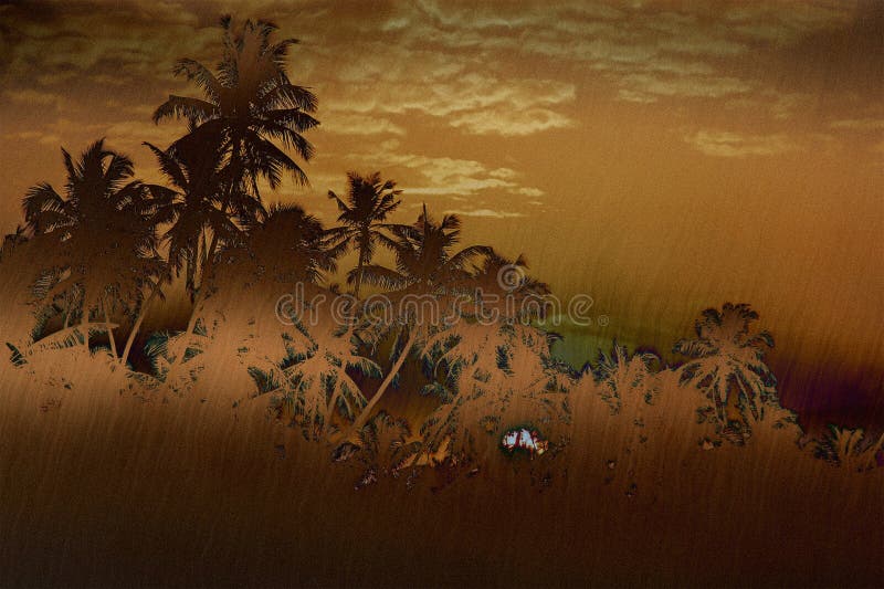 Silhouetted palm trees stand against a dramatic sunset sky, creating a tranquil and artistic scene. The warm tones evoke stock illustration