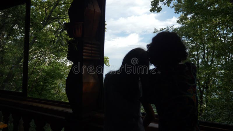 Silhouetten eines Jungen und eines Mädchens, das aus dem Fenster auf einen grünen Wald und einen blauen Himmel schaut