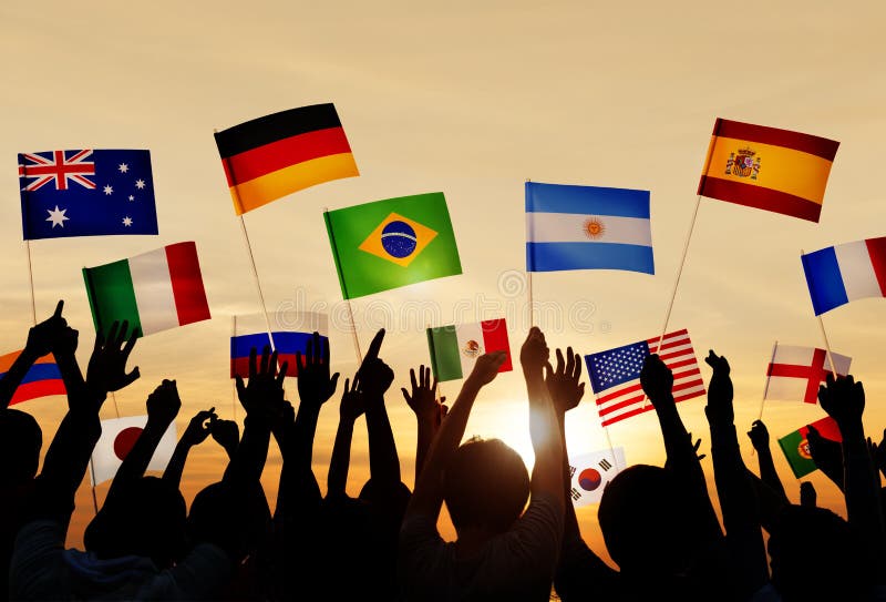 Silhouettes of People Holding Flags From Various Countries. Silhouettes of People Holding Flags From Various Countries.