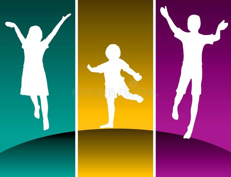 Different colored panels of silhouettes of excited children jumping. Different colored panels of silhouettes of excited children jumping