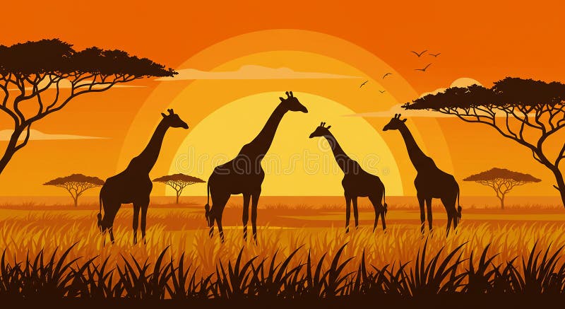 Silhouetten von vier Giraffen stehen in einer afrikanischen Savanne inmitten eines großen Grases vektor abbildung