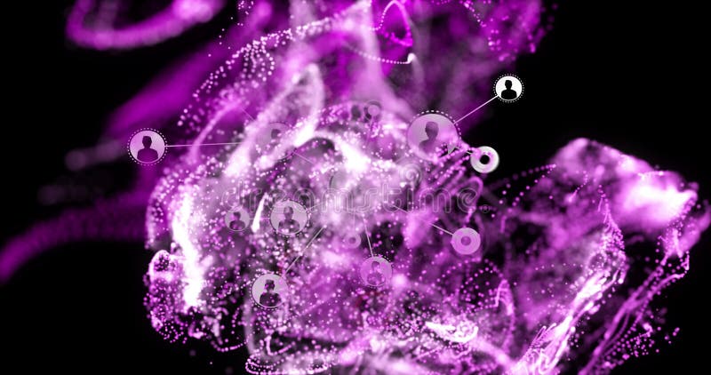 Silhouetten über wirbelnde violette und weiße Muster mit abstrakter Netzwerkanimation lizenzfreie abbildung
