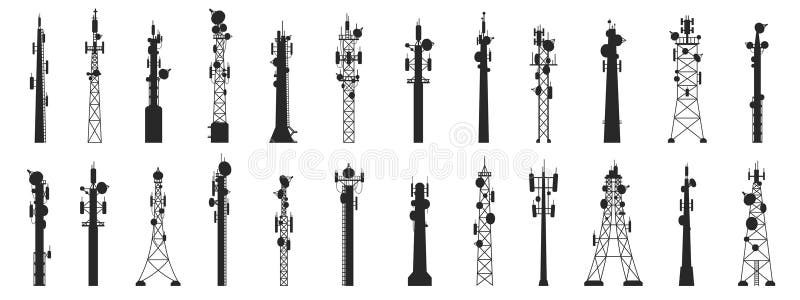 Silhouettes. apparecchiature per la tecnologia di comunicazione delle antenne a struttura di trasmissione. set vettoriale illustrazione di stock
