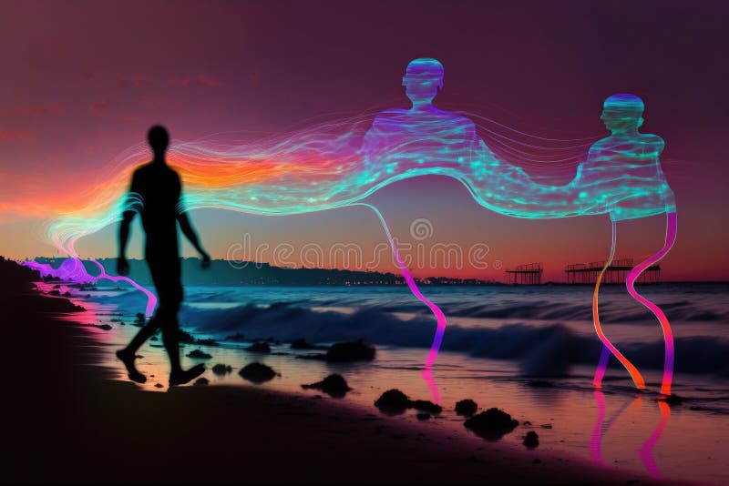 Silhouettes of blurred people at night, Psychedelic journey, near death experience - Generative AI