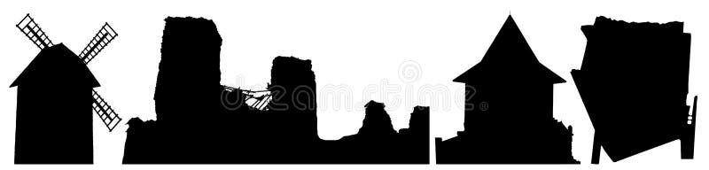 Silhouettes of building of Belarus windmill, ruins, castle, upside down house. Vector illustration