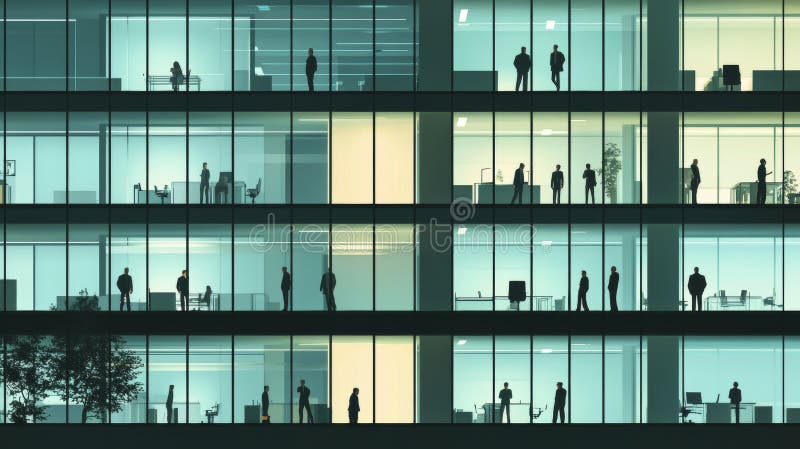 Silhouettes of business professionals in a modern office building during sunset hours royalty free illustration