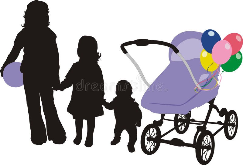 Silhouettes of children. Baby-carriage