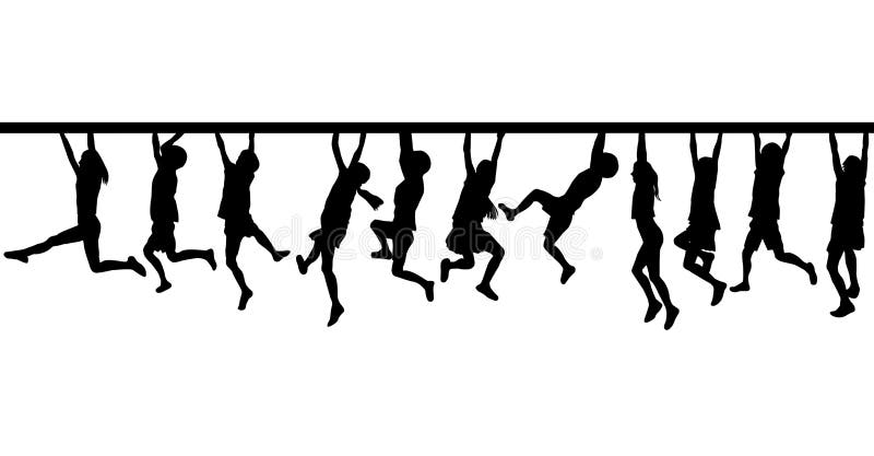 Silhouettes of children hanging from a horizontal ladder stock illustration