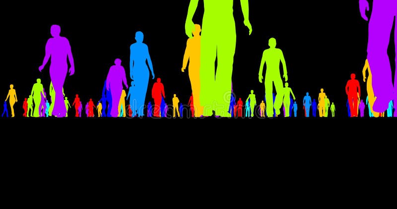 Silhouettes colorées d'une foule des personnes sur un noir