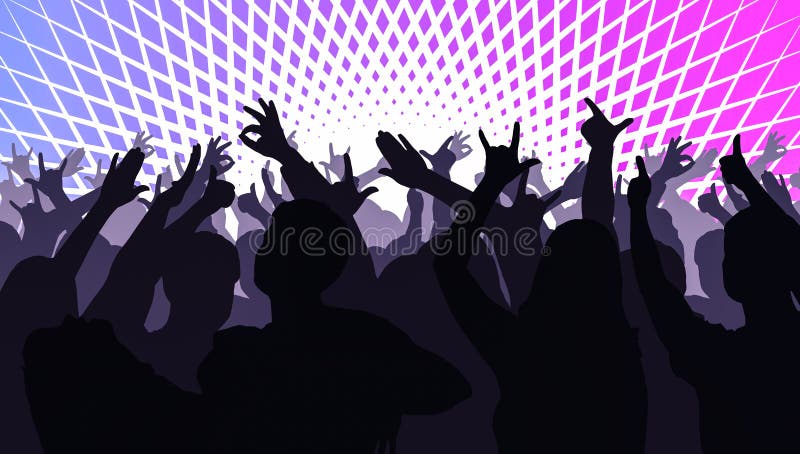 Silhouettes of dancing people in front of bright stage lights