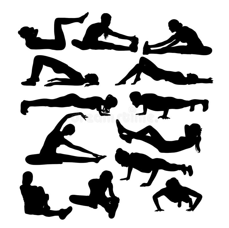 Silhouettes de l'étirage et de l'exercice de fille illustration libre de droits