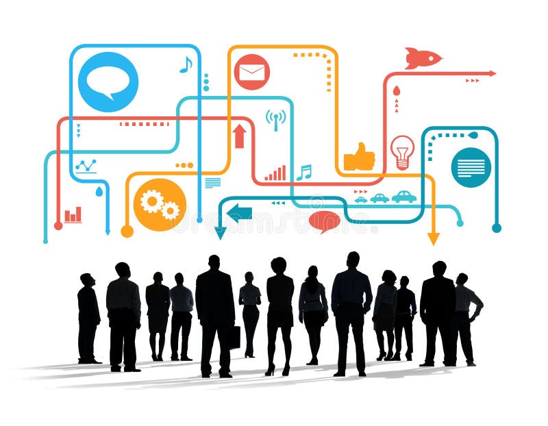 Silhouettes des gens d'affaires multi-ethniques avec le media social Sym illustration de vecteur Silhouettes des gens d'affaires multi-ethniques avec le media social Sym illustration de vecteur