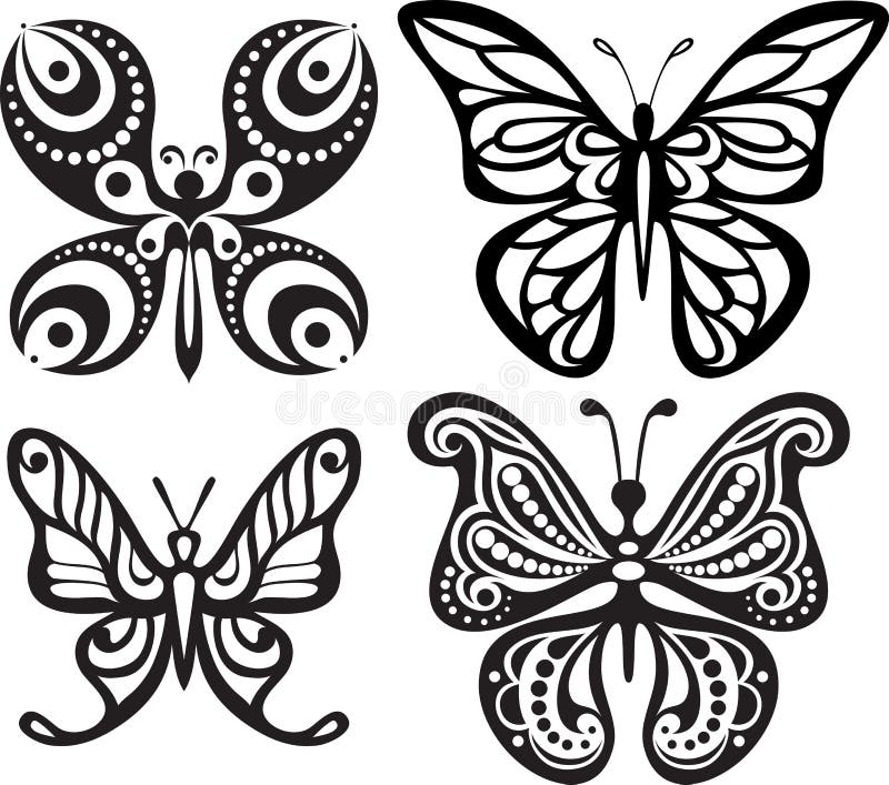 Silhouettes des papillons avec le filigrane ouvert d'ailes Dessin noir et blanc Diner le décor illustration libre de droits Silhouettes des papillons avec le filigrane ouvert d'ailes Dessin noir et blanc Diner le décor illustration libre de droits