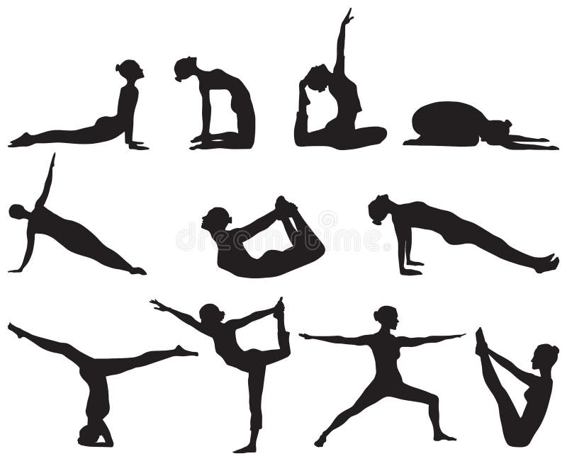 Silhouettes des positions de yoga sur le fond blanc illustration libre de droits