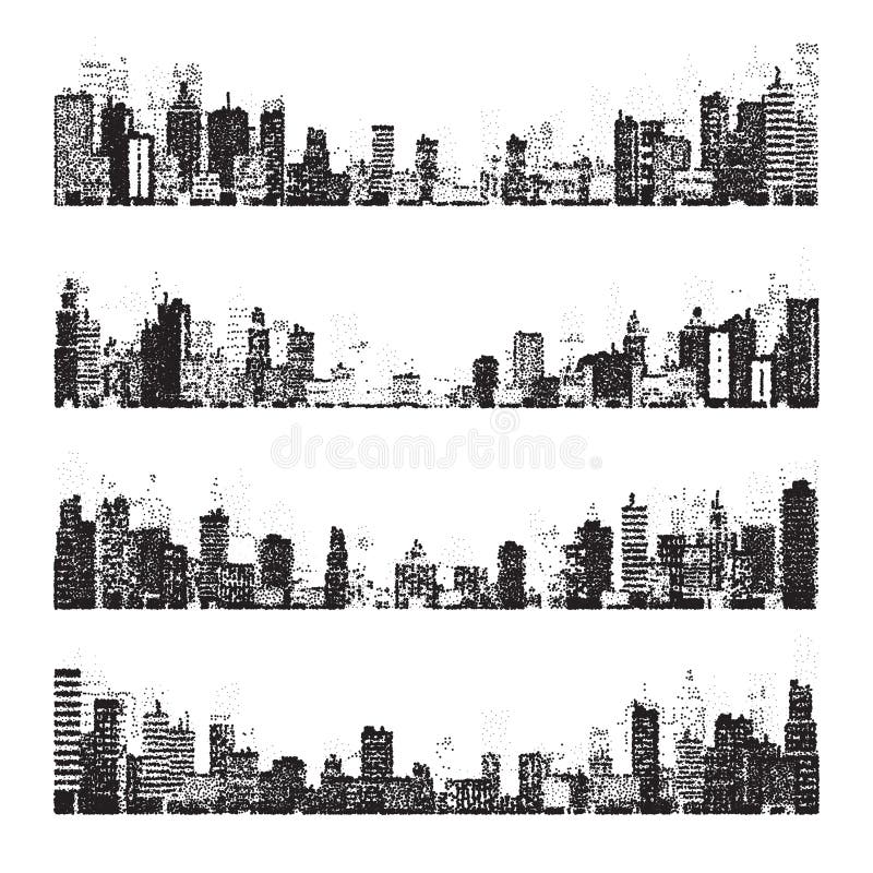 Stippled city silhouettes. Cityscape, town skyline. Midtown, downtown with buildings, houses and skyscrapers. Stippling, dot drawing and shading, stipple pattern, halftone effect. Vector illustration. Stippled city silhouettes. Cityscape, town skyline. Midtown, downtown with buildings, houses and skyscrapers. Stippling, dot drawing and shading, stipple pattern, halftone effect. Vector illustration.